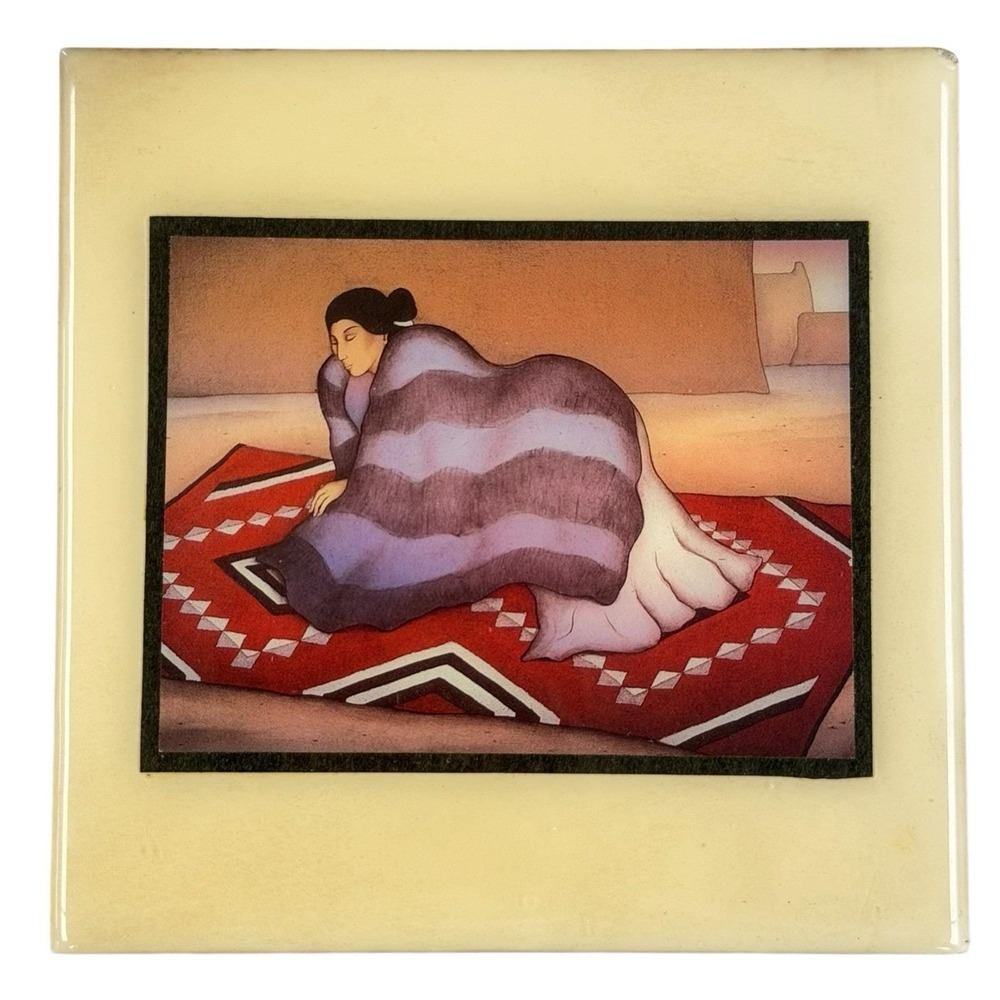 VTG R.C. Gorman Ceramic Tile Pottery "Red Blanket" Native American Art HP Glazed